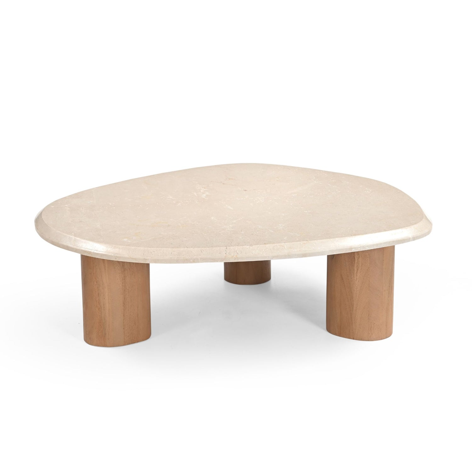 Salontafel Nuvé 100cm van Starfurn van opzij, het lage marmeren blad rust op massief houten poten