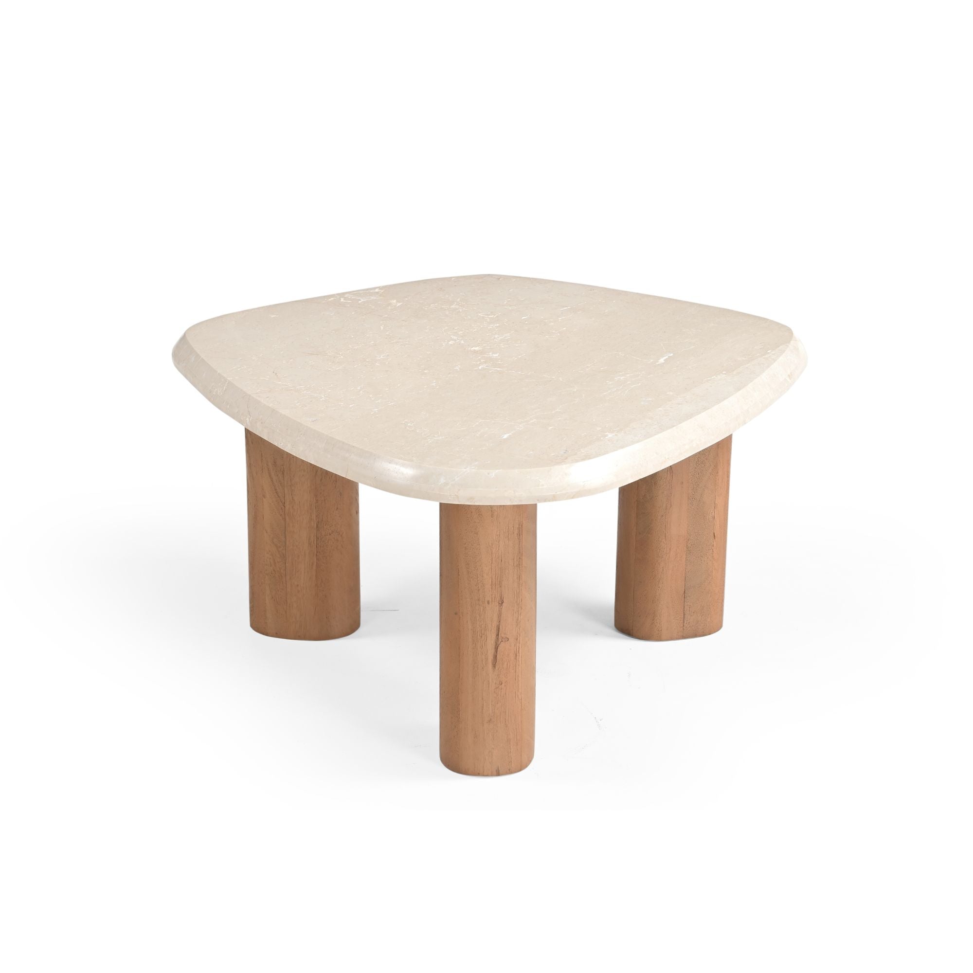 Salontafel Nuvé van Starfurn van opzij gezien, 37cm hoog met naturel houten onderstel