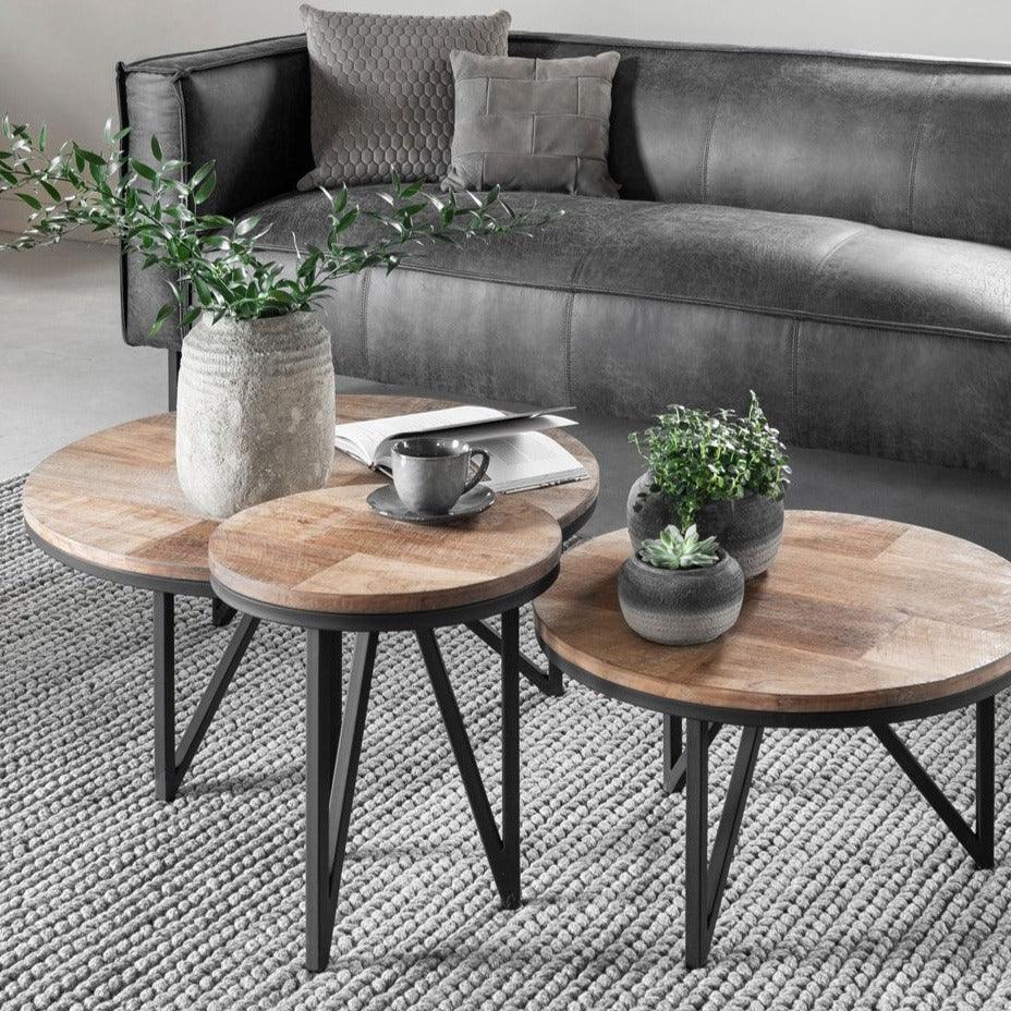 Ronde bijzettafel verweerd teak met zwart onderstel 40cm