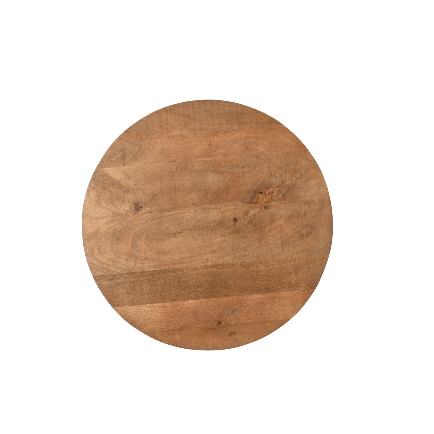 Bovenaanzicht van het ronde mangohouten blad van de Salvator salontafel