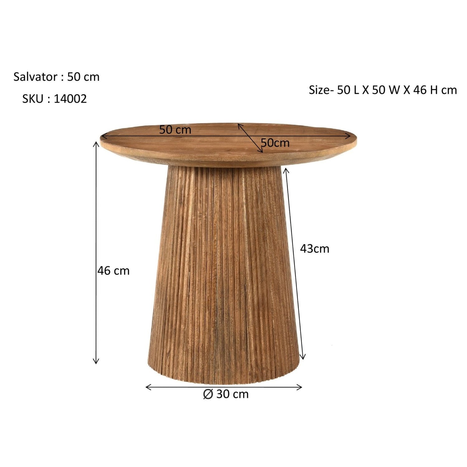 Maatschets van de Salvator salontafel met 50 cm doorsnee en 46 cm hoogte