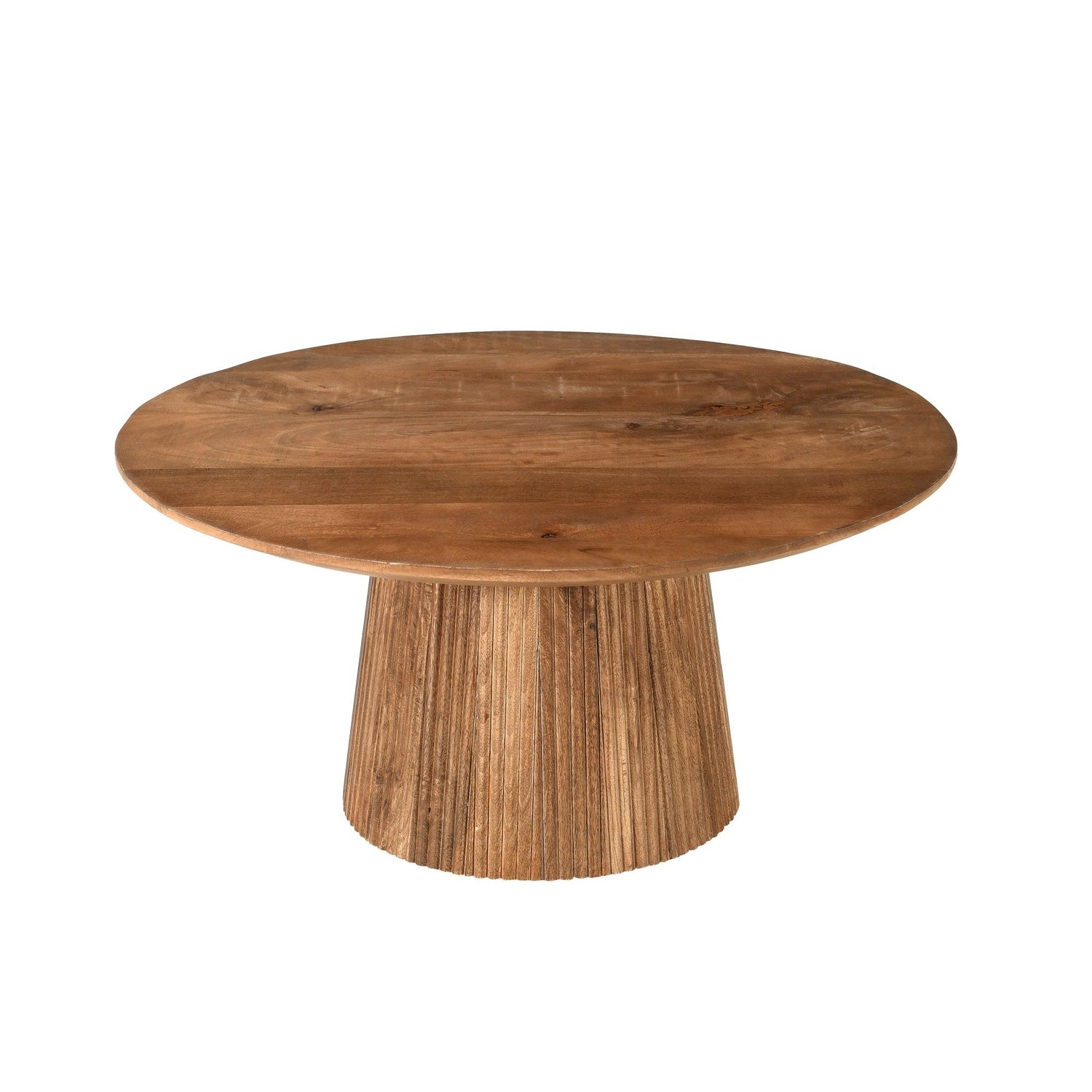 Salvator salontafel Pecan schuin van boven met rond mangohouten blad van 80 cm
