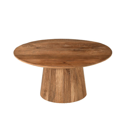 Salvator salontafel Pecan schuin van boven met rond mangohouten blad van 80 cm