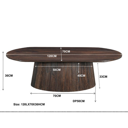 Maatschets van de ovale Salvator salontafel, 120 bij 70 bij 36 cm