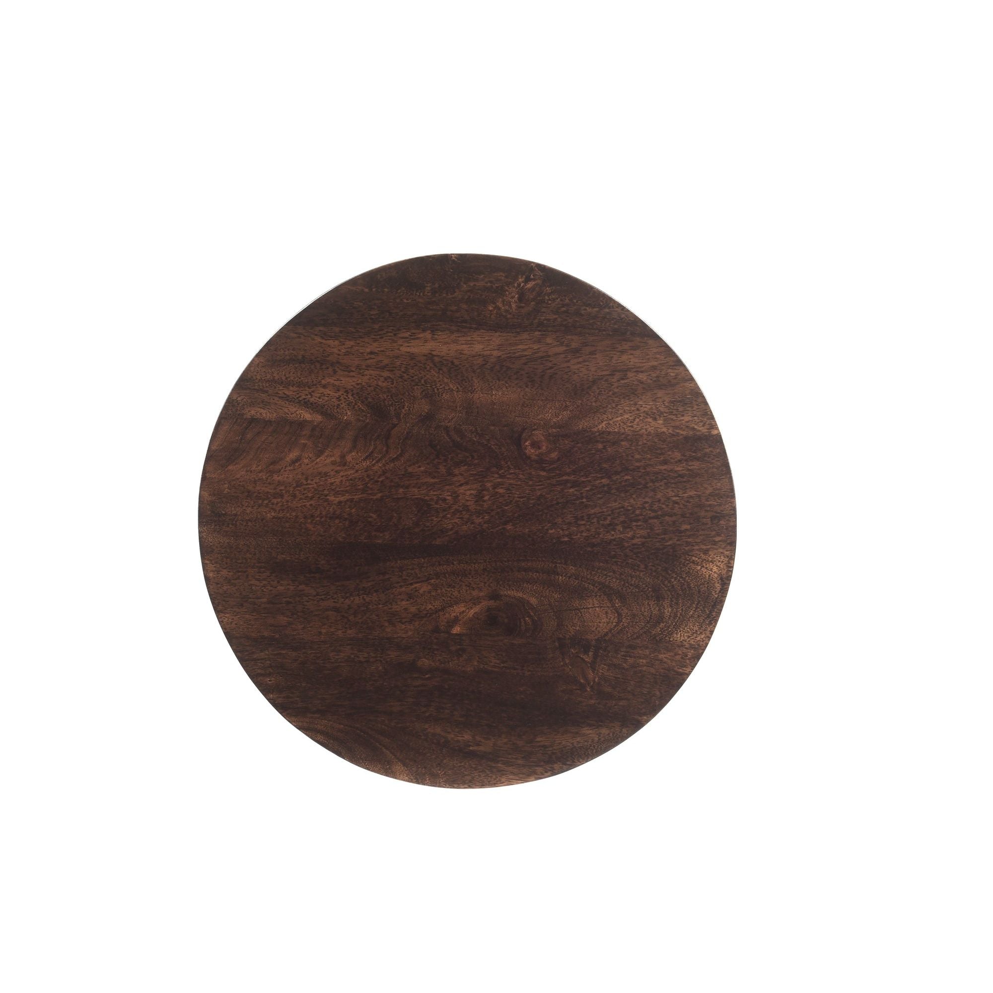 Bovenaanzicht van het donkere ronde mangohouten blad van de Salvator salontafel