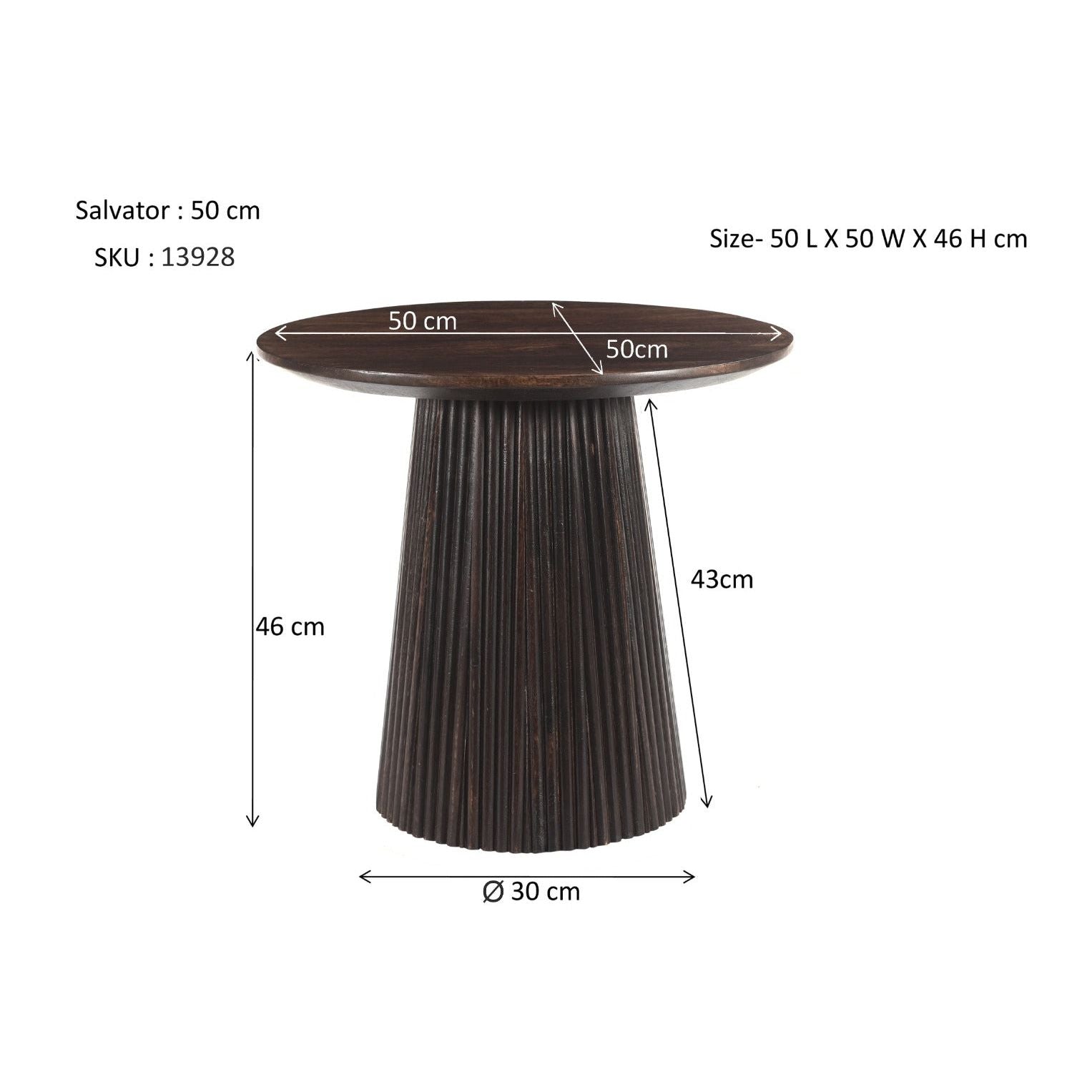 Maatschets van de Salvator salontafel met 50 cm doorsnee en 46 cm hoogte
