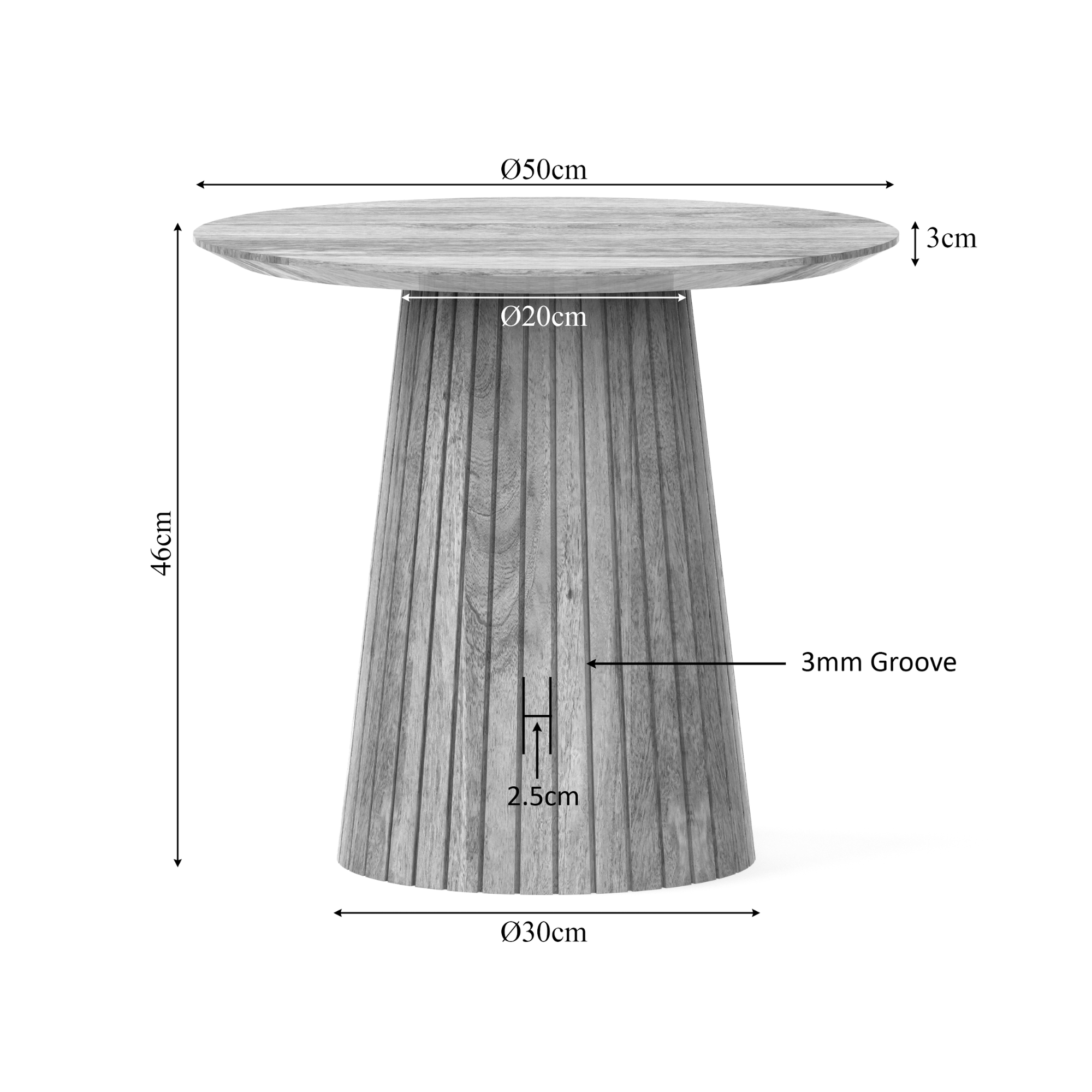 Massief mangohout met naturel afwerking op de ronde Solana salontafel van 46 cm hoog