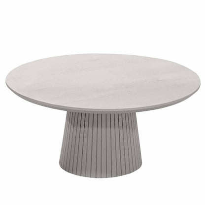 Detail van de houtnerf en de taupe afwerking van het mangohout