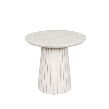 Zijaanzicht van de Solana salontafel 50 cm met massief mangohouten poot in zandtint