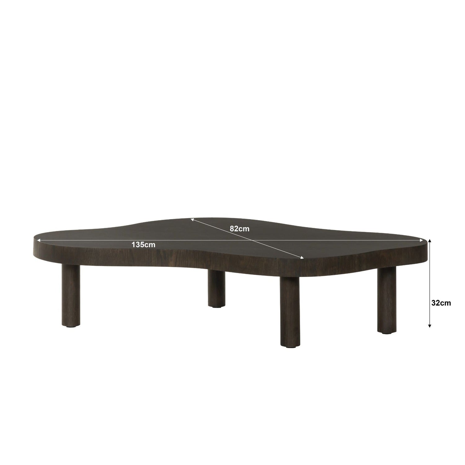 Maatschets van de Tobago salontafel met afmetingen 135 bij 82 bij 32 cm