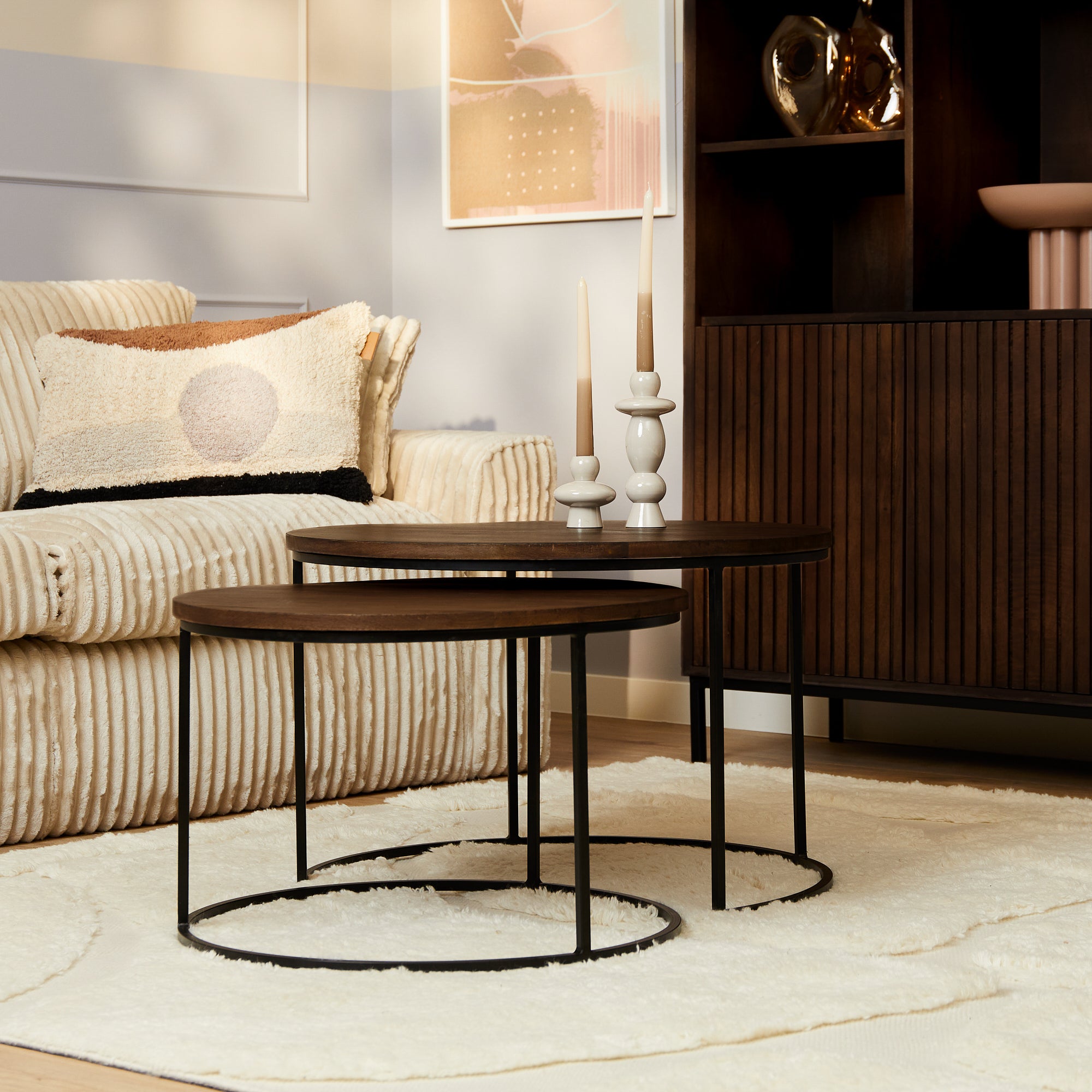 Salontafels Madison set van 2 van Starfurn in bruin mangohout met zwarte stalen frames