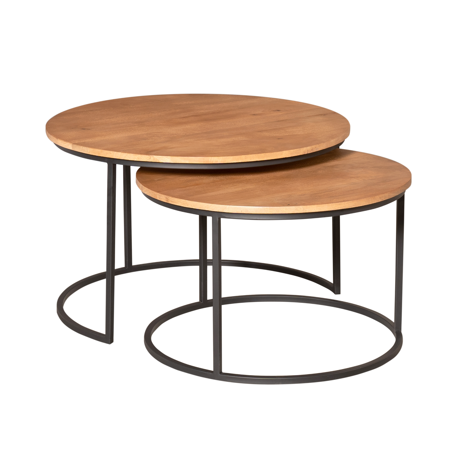 Salontafels Madison set van 2 van Starfurn in mangohout naturel met zwart stalen frame, beide tafels samen