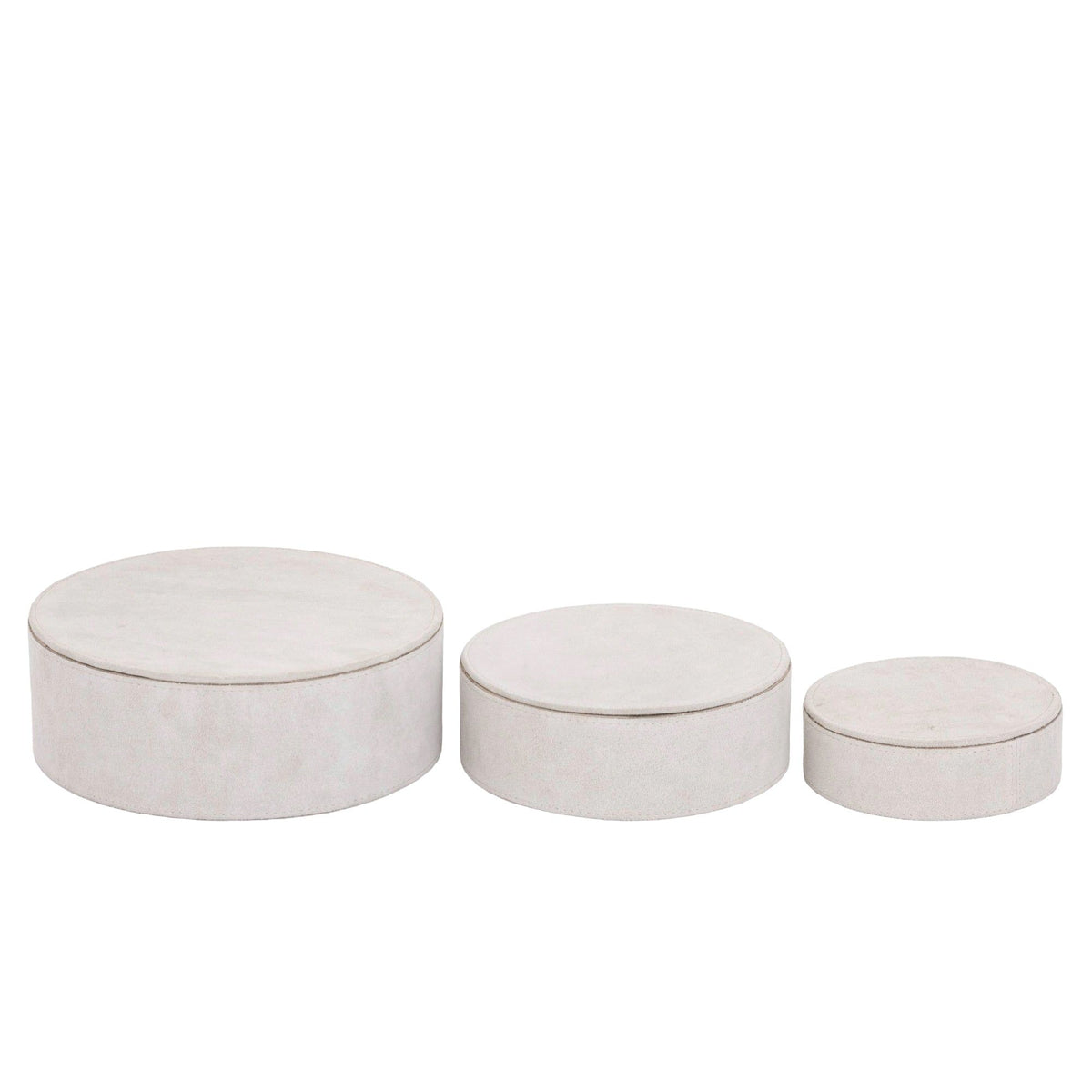 Saria Set Van 3 Opbergdozen Suède Beige Rond van PTMD, vooraanzicht, drie ronde beige opbergdozen van suède
