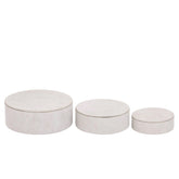 Saria Set Van 3 Opbergdozen Suède Beige Rond van PTMD, vooraanzicht, drie ronde beige opbergdozen van suède