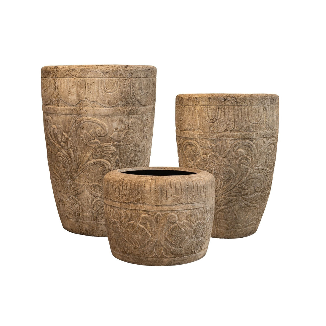 Sasha Cream Cement Fiber Pot Flower Pattern Round L PTMD