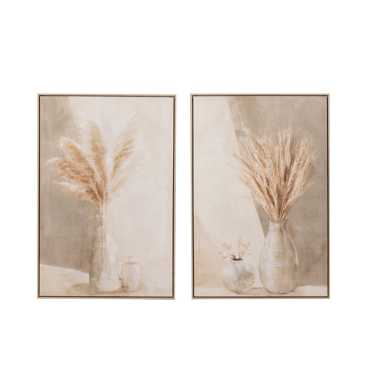 Schilderij Vaas Pampas Canvas/Hout Beige Set van 2 J-Line