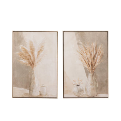 Schilderij Vaas Pampas Canvas/Hout Beige Set van 2 J-Line