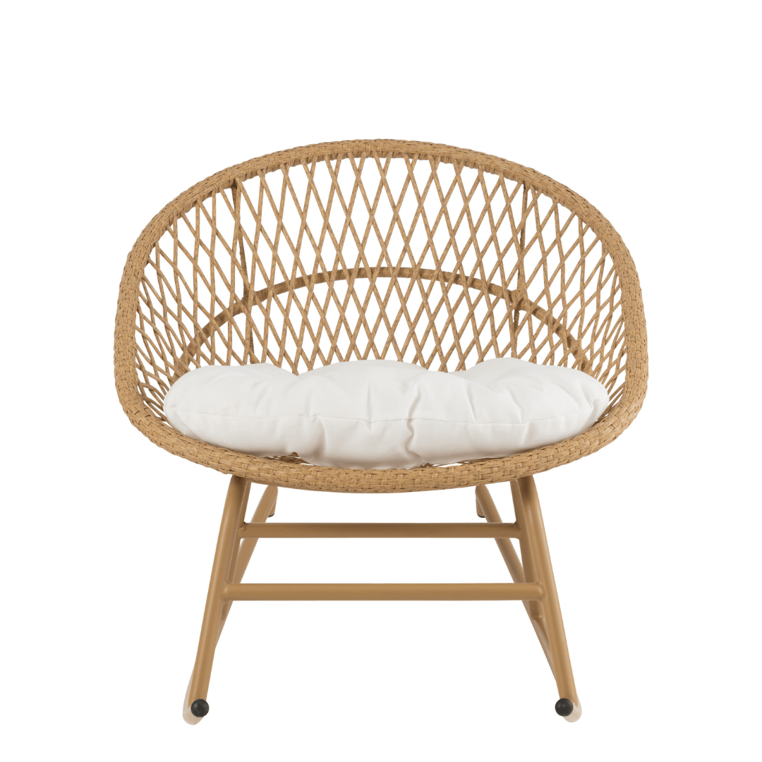 Schommelstoel + Kussen Zayo Metaal/Riet Beige - Fauteuil - J-Line - livinglovely.nl