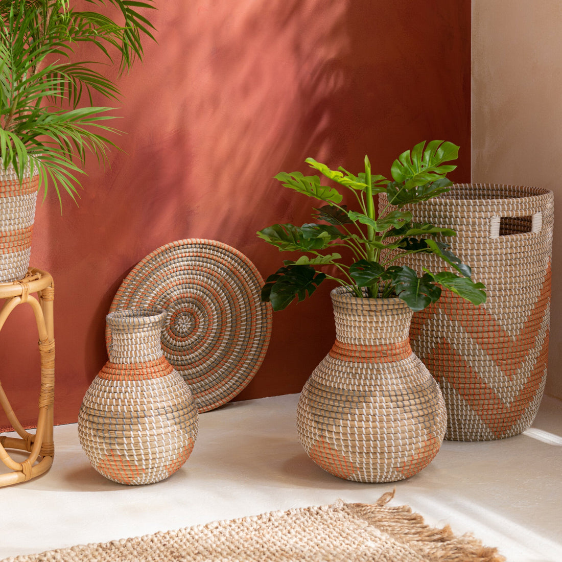 Set 3 Baskets Striped Seagrass Orange - - J-Line - livinglovely.nl