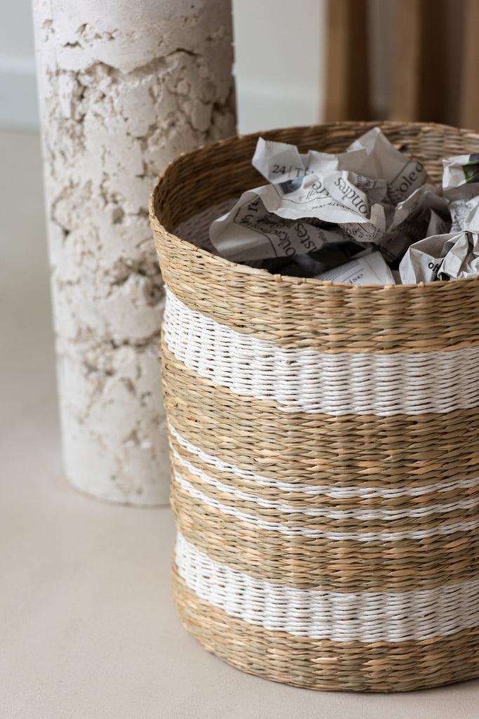 Set 3 Baskets Striped Seagrass White , , J-Line , livinglovely.nl