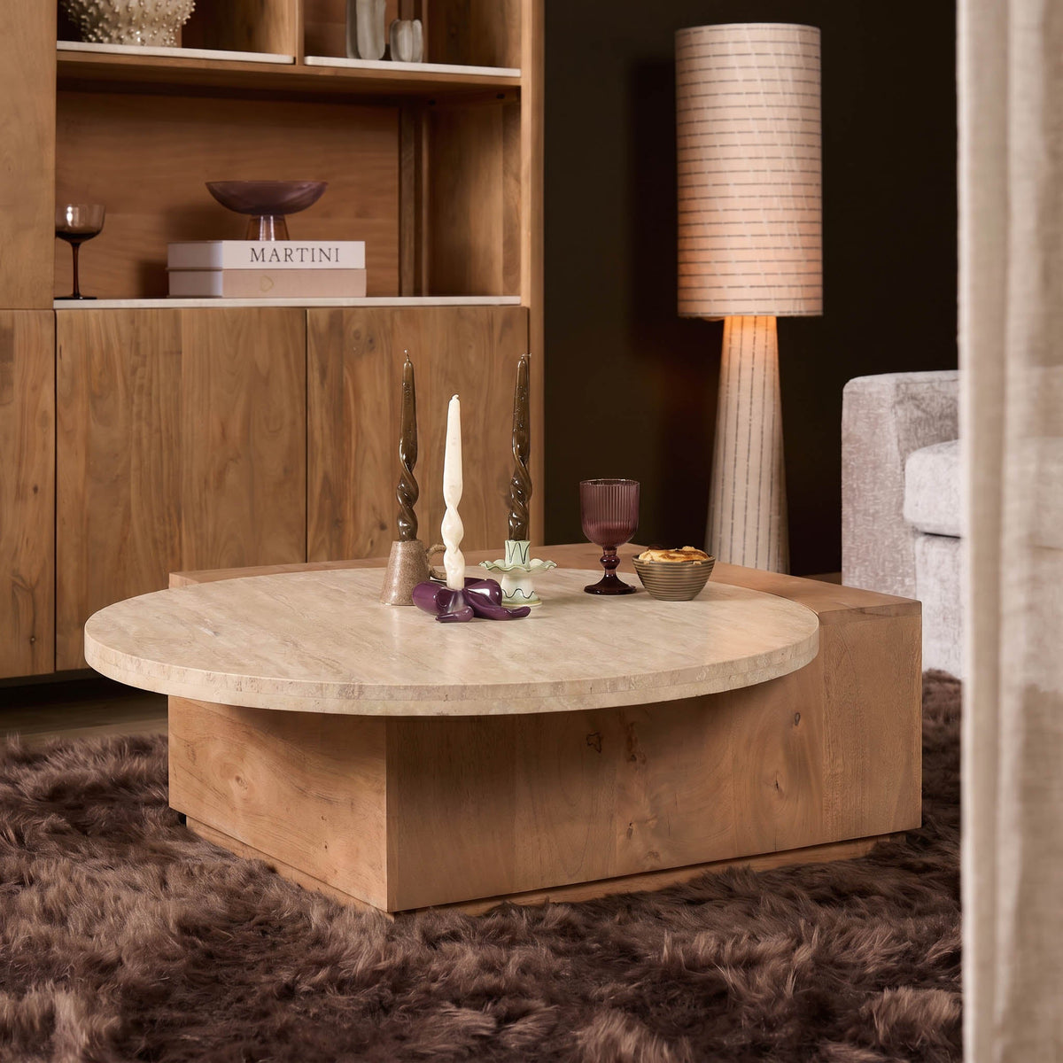 Set salontafel en bijzettafel Numa van Starfurn in naturel travertin