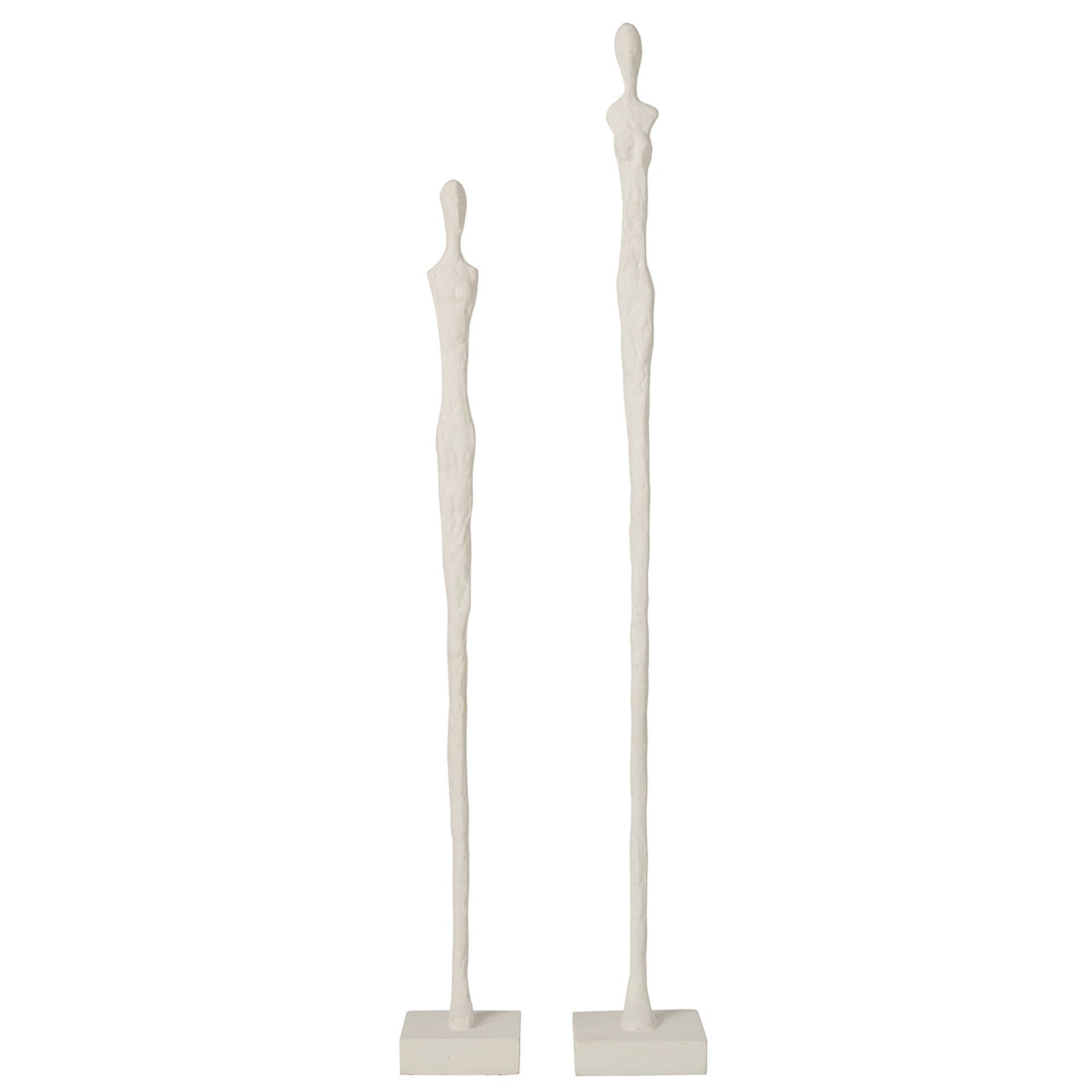Set Van 2 Abstracte Figuren Op Voet van J-Line, twee slanke witte polyresin figuren op houten voet, vooraanzicht