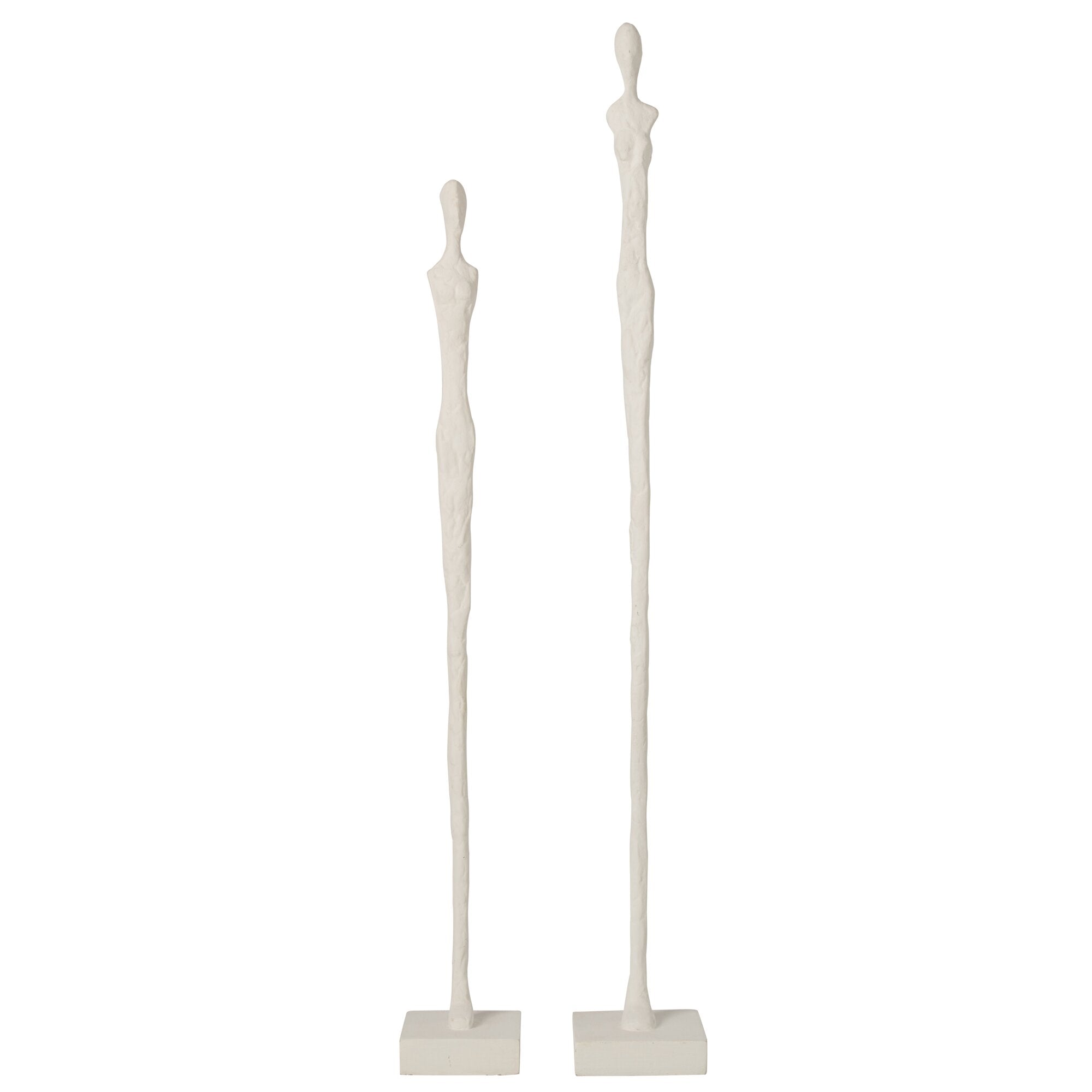 Set Van 2 Abstracte Figuren Op Voet van J-Line, twee slanke witte polyresin figuren op houten voet, vooraanzicht