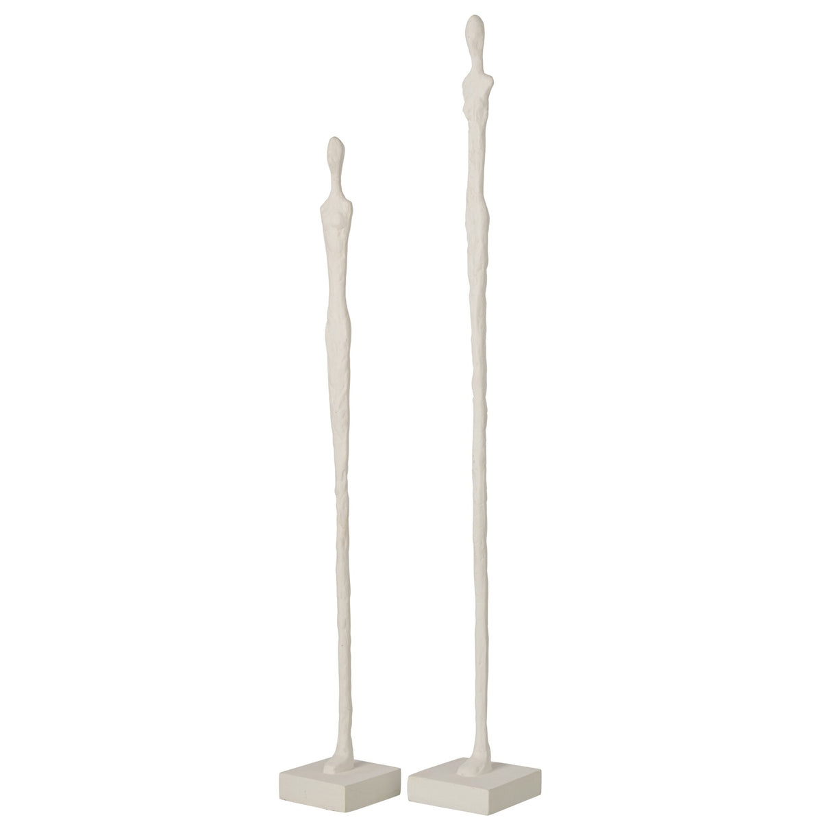 Set Van 2 Abstracte Figuren Op Voet van J-Line, langgerekte witte figuren met ruwe textuur, schuin aanzicht