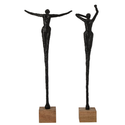 Set Van 2 Beelden Dame Op Sokkel van J-Line, twee vrouwenfiguren in pose in naturel en zwart