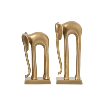 Set Van 2 Beelden Olifant van J-Line, gouden aluminium olifanten met gebogen slurf, schuin aanzicht
