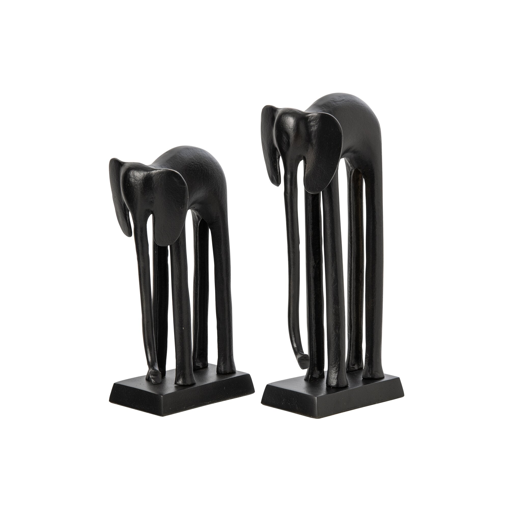 Set Van 2 Beelden Olifant van J-Line, twee gestileerde zwarte aluminium olifanten naast elkaar, vooraanzicht