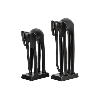 Set Van 2 Beelden Olifant van J-Line, twee gestileerde zwarte aluminium olifanten naast elkaar, vooraanzicht