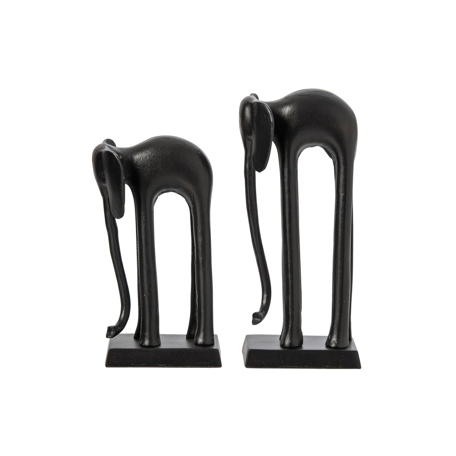 Set Van 2 Beelden Olifant van J-Line, zwarte aluminium olifanten met gebogen slurf, schuin aanzicht