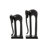 Set Van 2 Beelden Olifant van J-Line, zwarte aluminium olifanten met gebogen slurf, schuin aanzicht