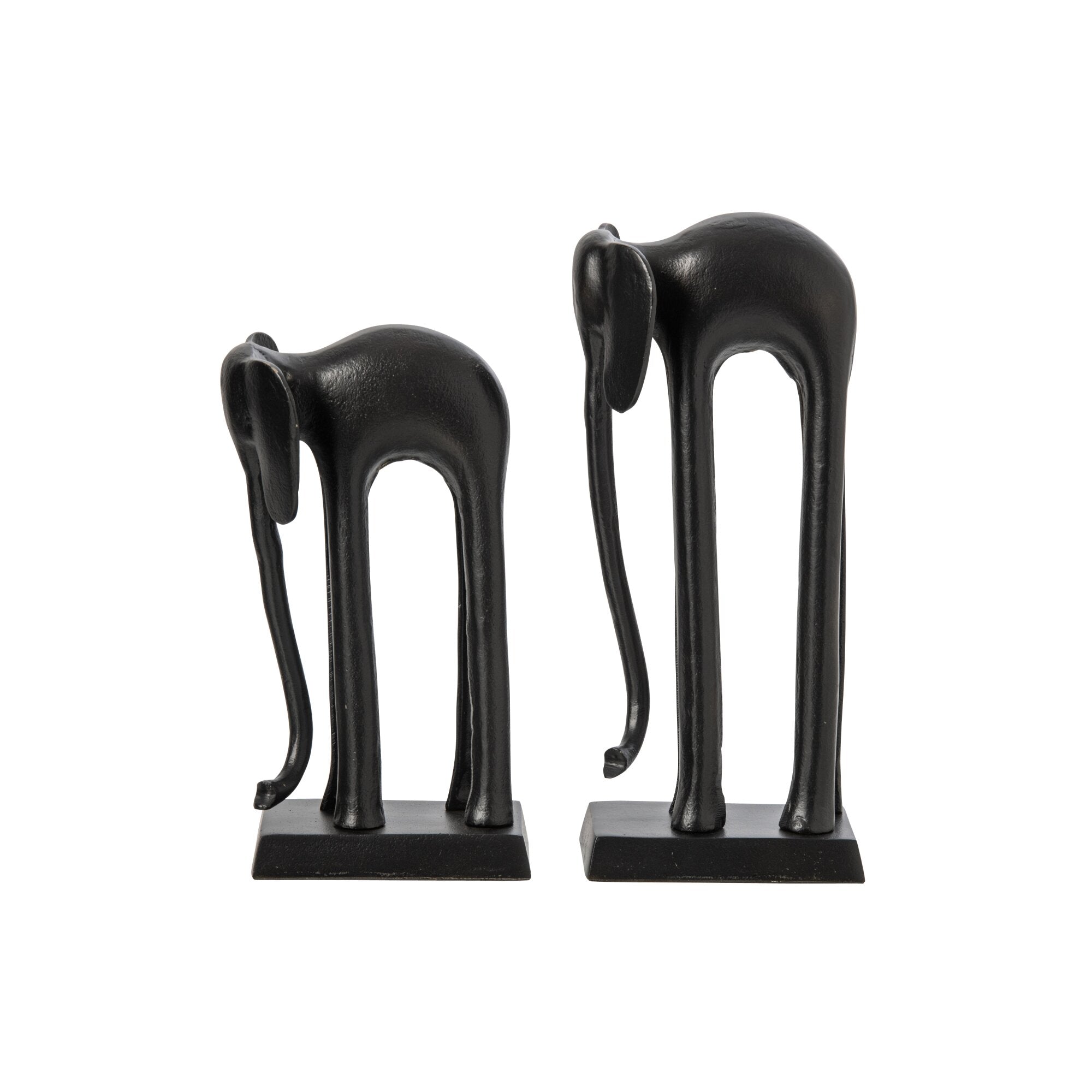 Set Van 2 Beelden Olifant van J-Line, zwarte aluminium olifanten met gebogen slurf, schuin aanzicht