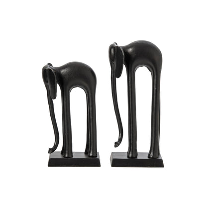 Set Van 2 Beelden Olifant van J-Line, zwarte aluminium olifanten met gebogen slurf, schuin aanzicht