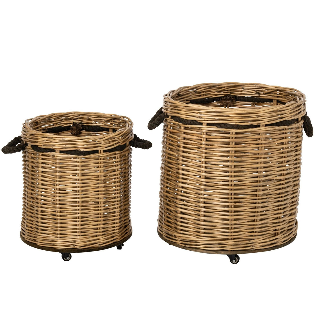 Set Van 2 Bloempot Op Wielen Rond Wicker Naturel/Greige J-Line