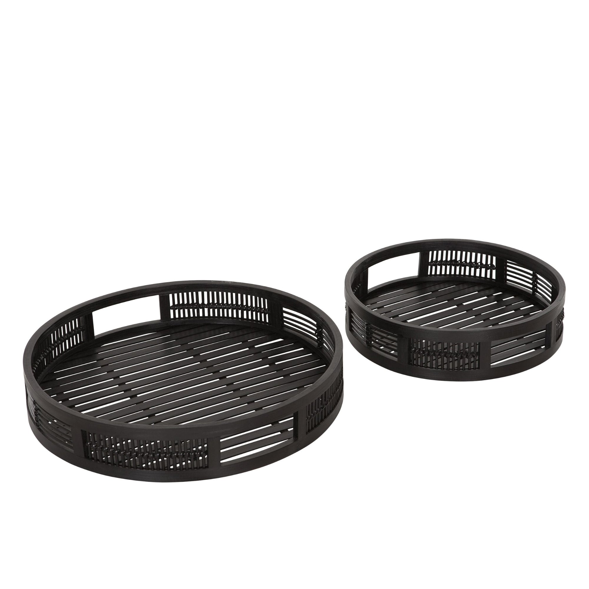Set van 2 dienbladen Algarve van MUST Living, ronde zwarte bamboe bladen met opstaande rand