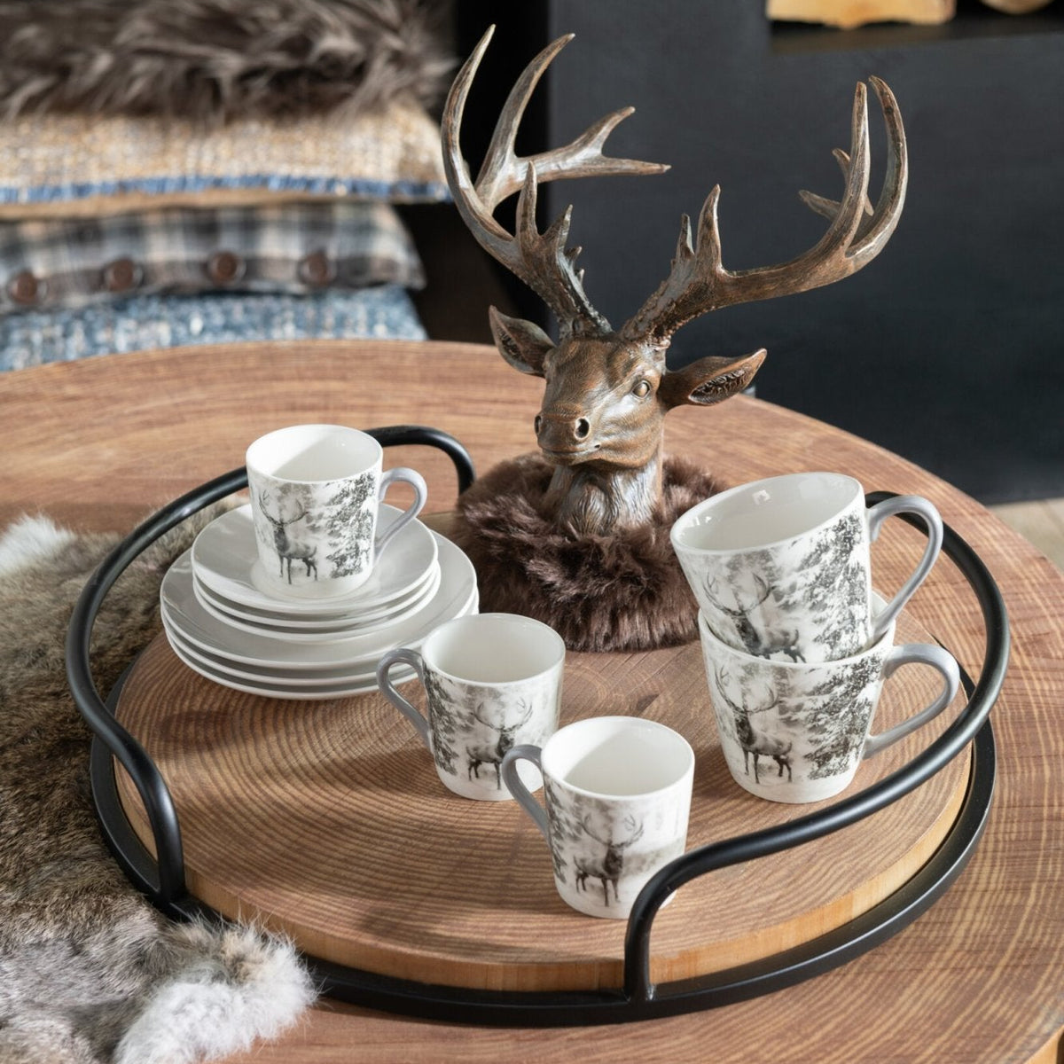 Set van 2 Dienbladen Rond MDF/Ijzer Naturel/Zwart J-Line