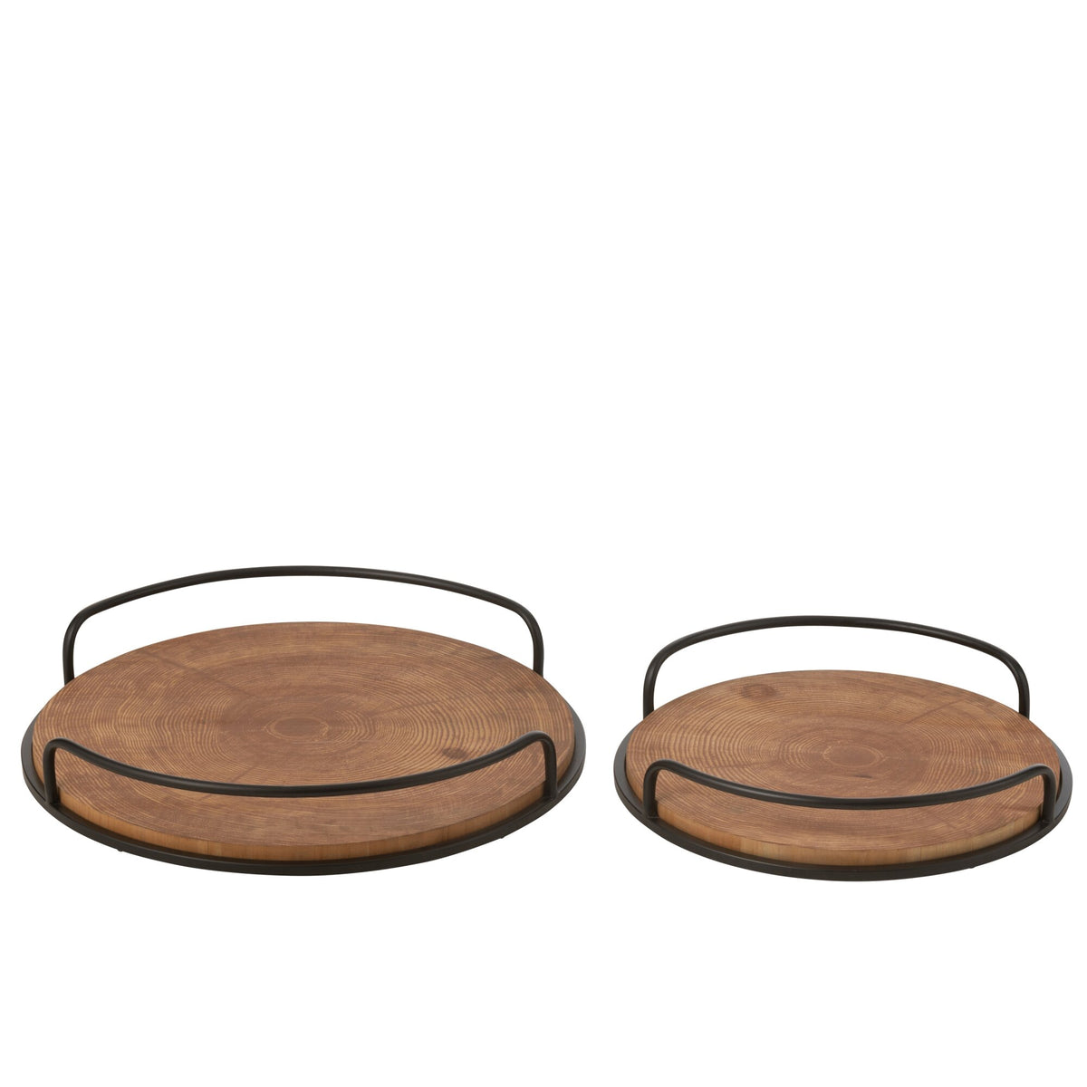 Set van 2 Dienbladen Rond MDF/Ijzer Naturel/Zwart J-Line