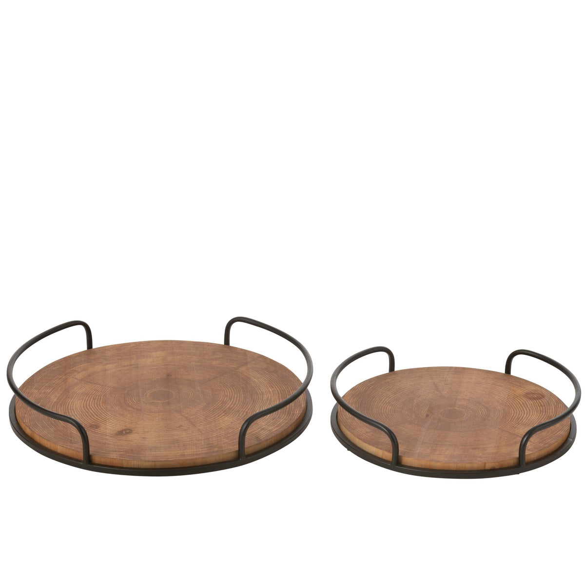 Set van 2 Dienbladen Rond MDF/Ijzer Naturel/Zwart J-Line