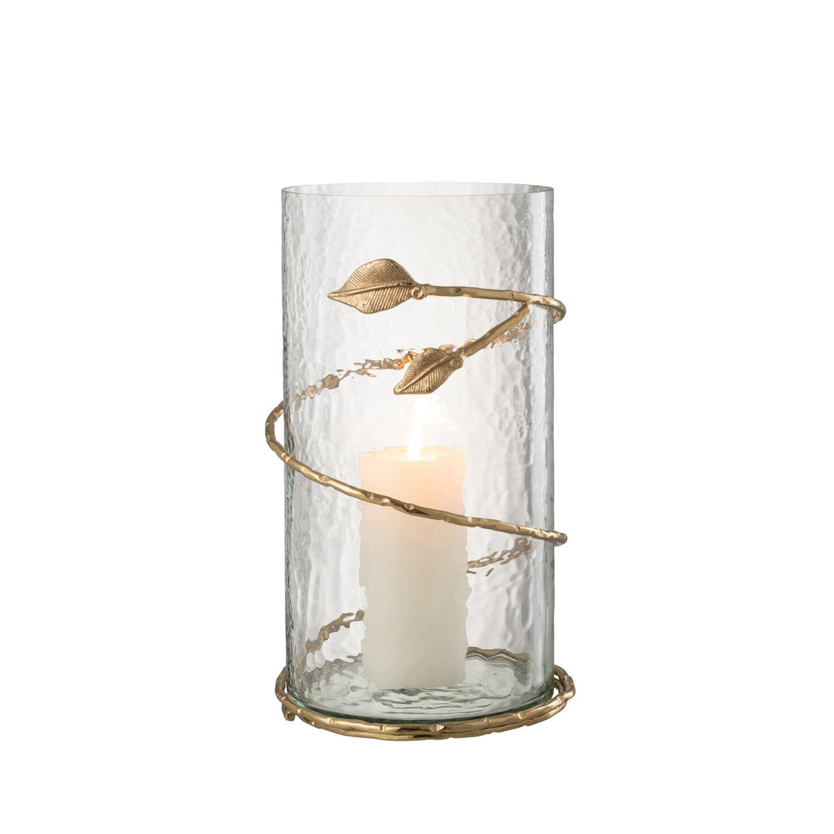 Glazen Windlicht met Gouden Bladeren uit de set van J-Line met een brandende stompkaars erin