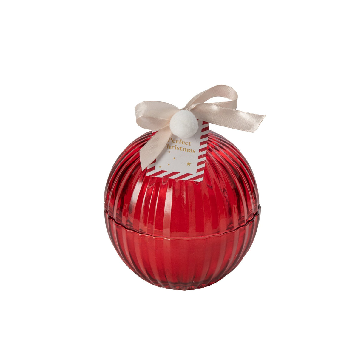 Kaars Kerstbal Kerstrood Large uit de set van J-Line, geribbelde glazen bol van 15 cm met strikje