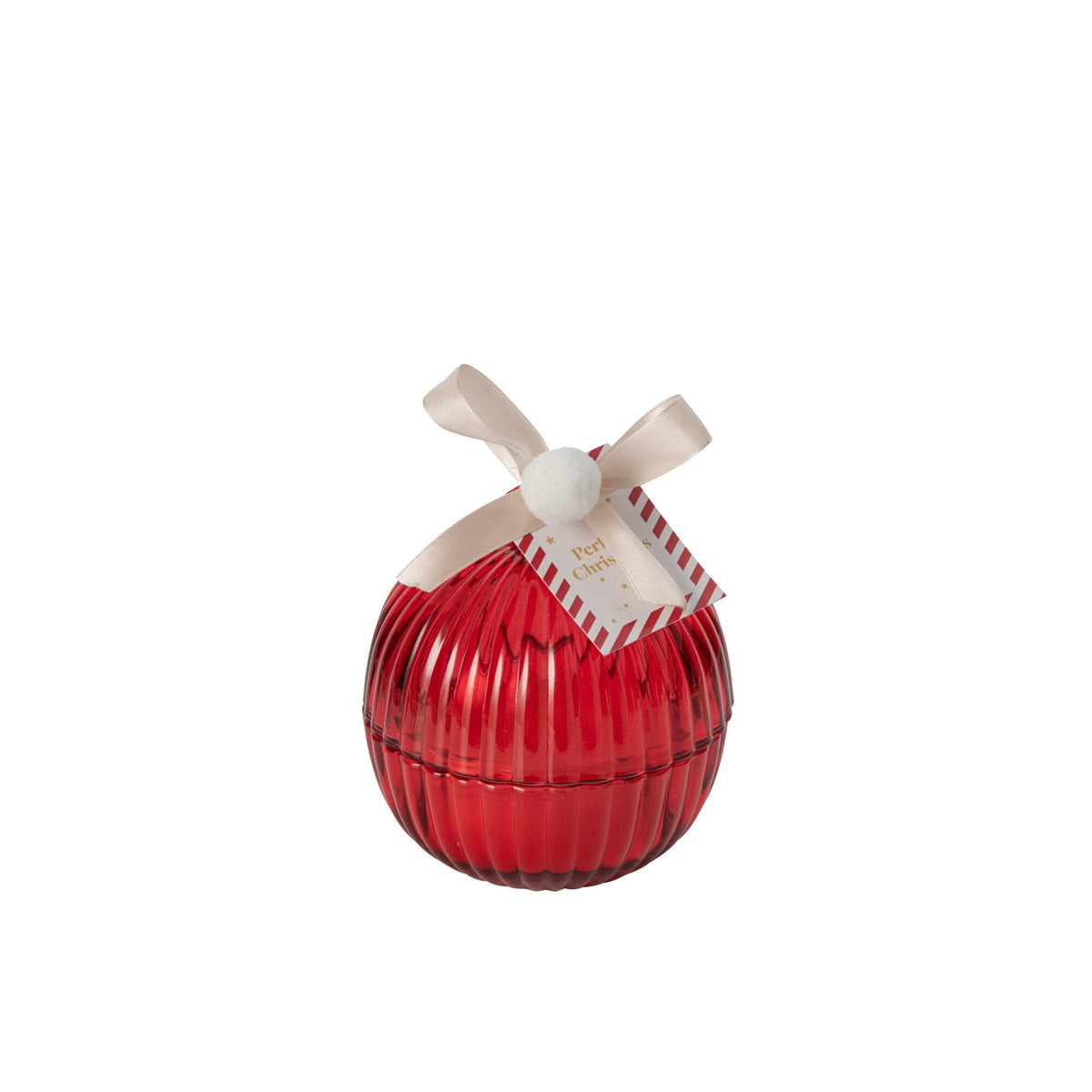 Kaars Kerstbal Kerstrood Medium uit de set van J-Line, geribbelde glazen bol van 12,5 cm met strikje