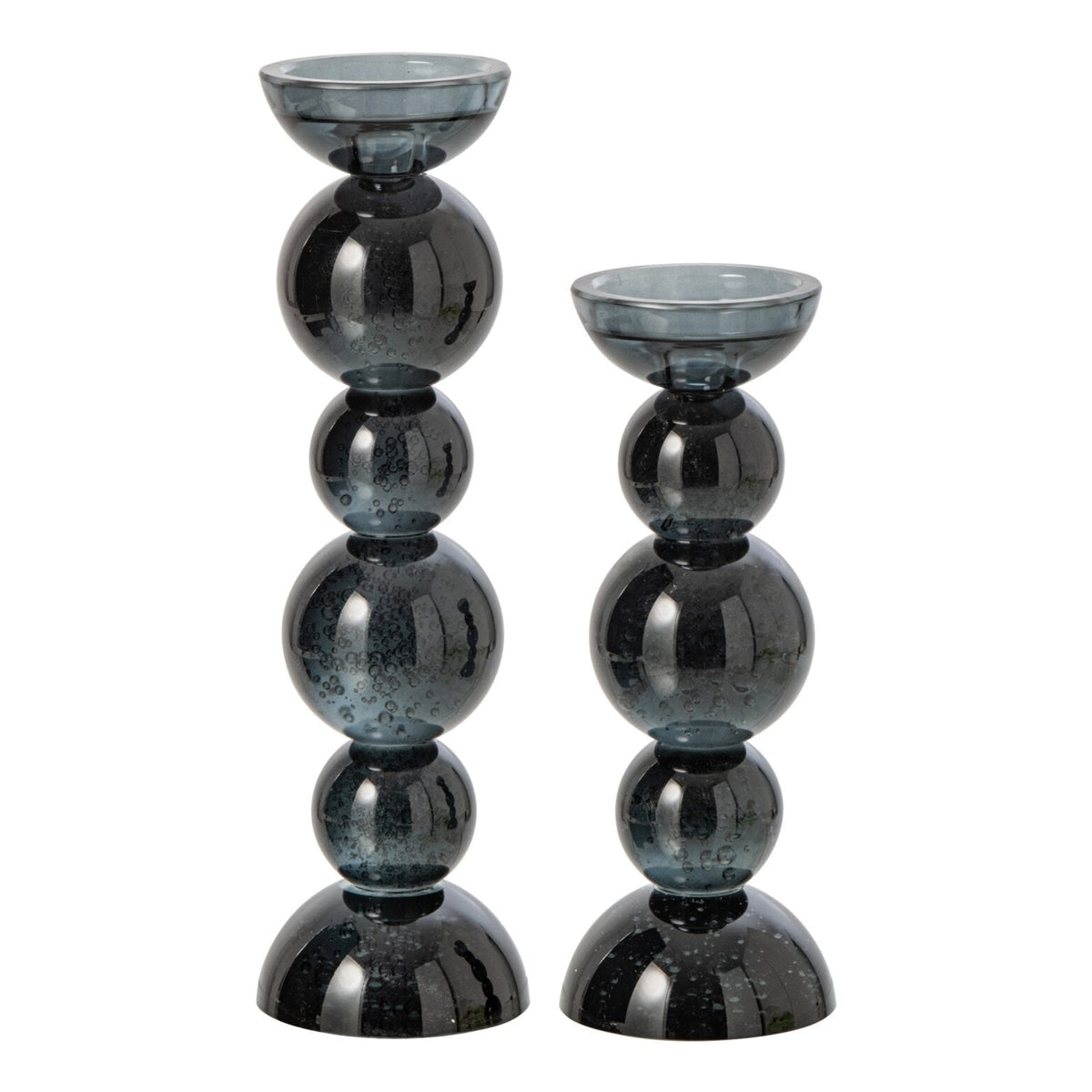 Set Van 2 Kandelaars Glas Petrol van J-Line, de complete set met beide kandelaars naast elkaar op witte achtergrond