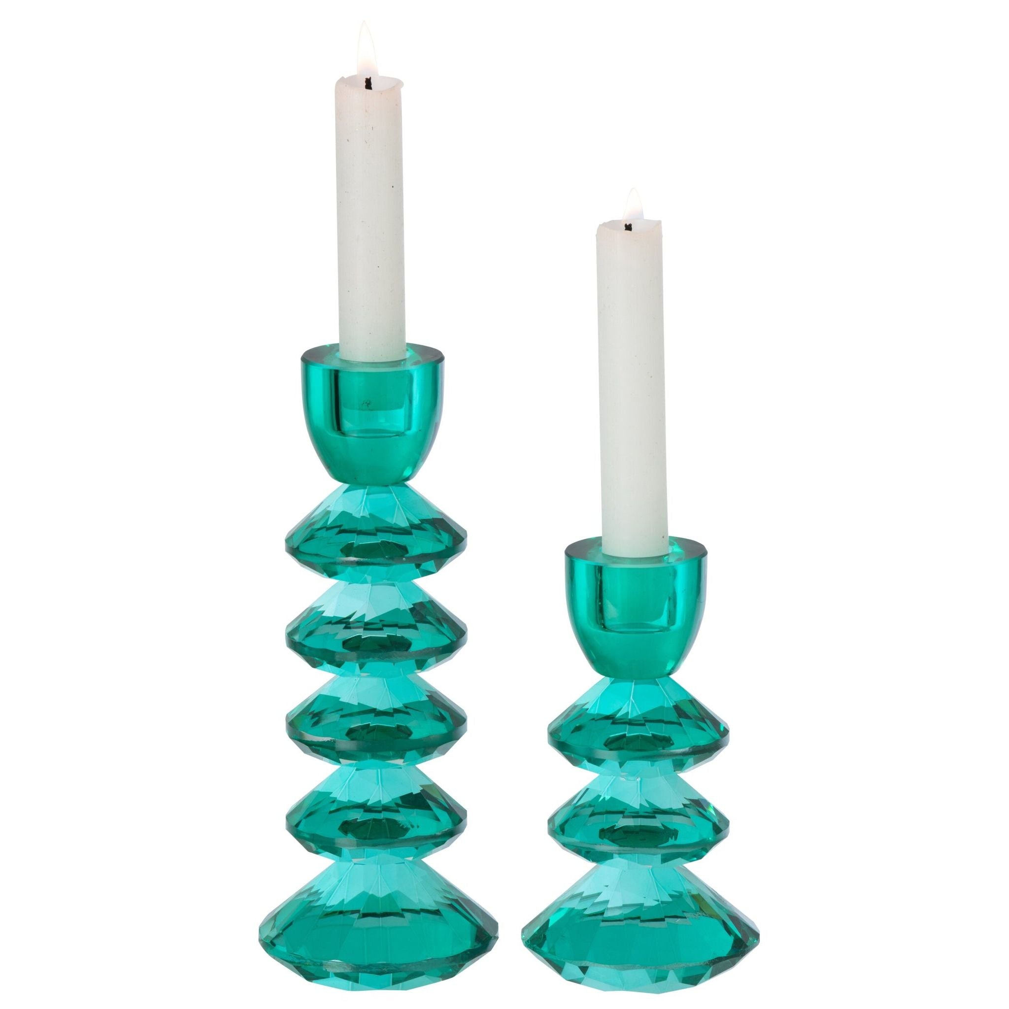 Set Van 2 Kandelaars Glas Turquoise van J-Line, twee glazen kandelaars in turquoise glas, 21cm hoog