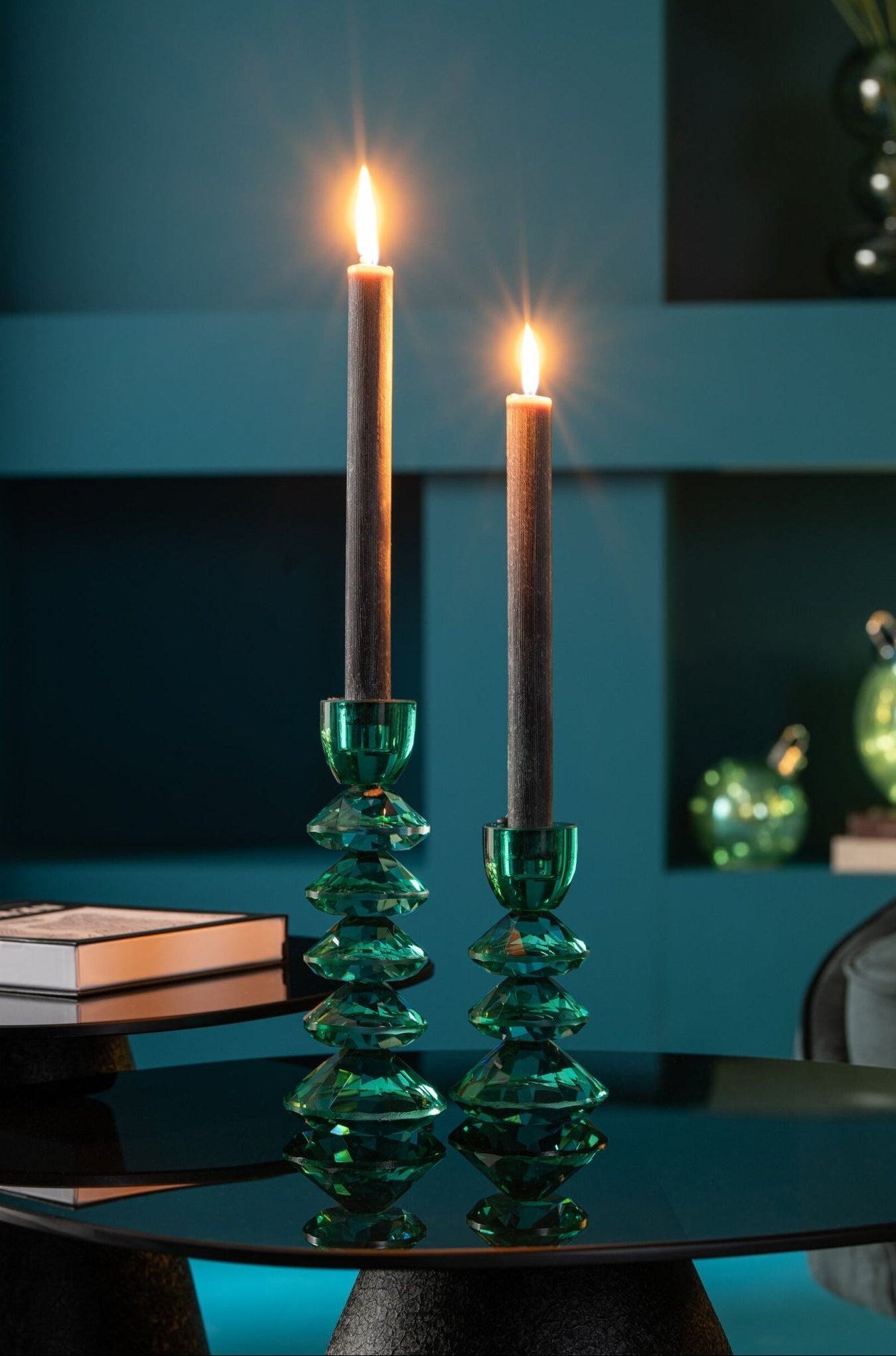Turquoise glazen kandelaars van J-Line, ronde vorm met een diameter van 8cm