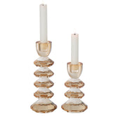 Set Van 2 Kandelaars Glas Warmgeel van J-Line, twee glazen kandelaars in warmgeel glas, 21cm hoog