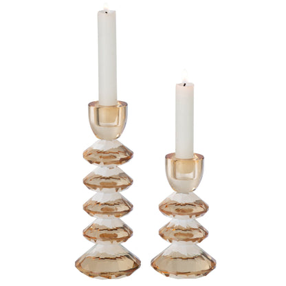 Set Van 2 Kandelaars Glas Warmgeel van J-Line, twee glazen kandelaars in warmgeel glas, 21cm hoog
