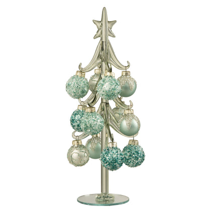 Kerstboom + Ballen Muntgroen Large uit de set van J-Line, glazen boompje van 27 cm met muntgroene balletjes
